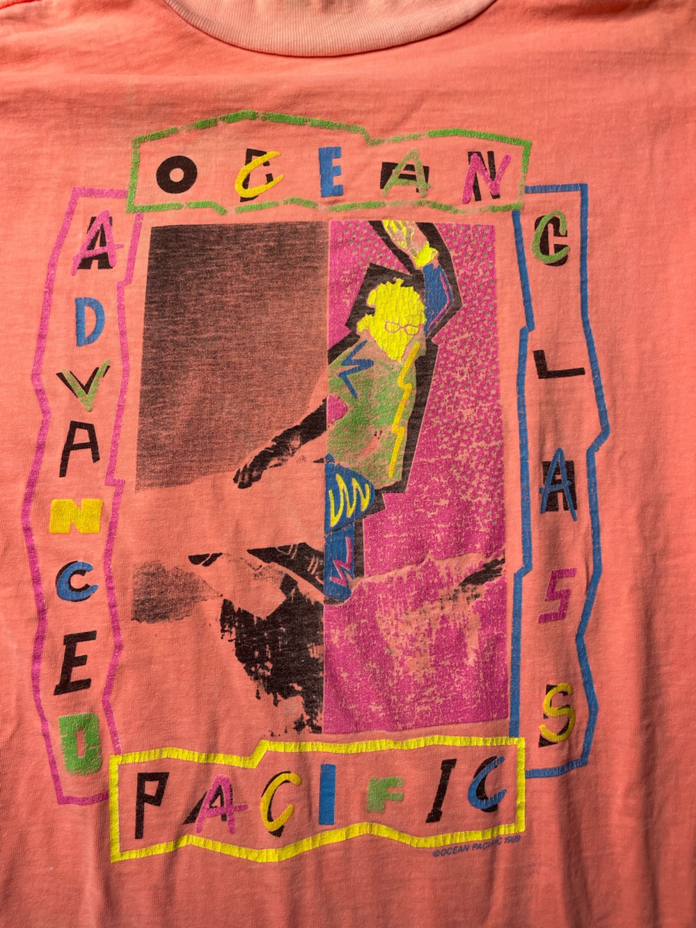 1985 OP Ocean Pacific Surf Long Sleeve Tee Neon Pink‎/Coral Vintage USA Medium